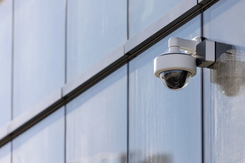 Dome surveillance camera mounted on the glass exterior wall of a modern building