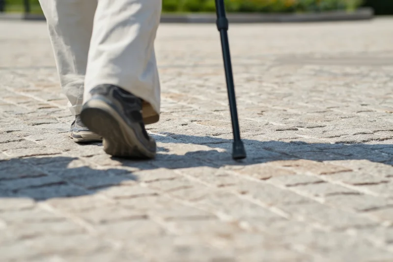 Senior person walking with cane on cobblestone pavement outdoors