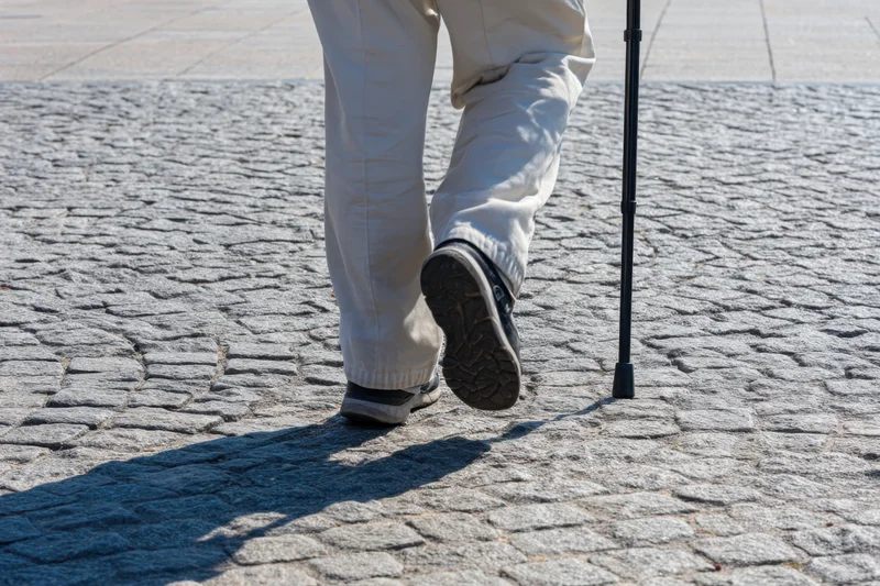 Lower legs of a senior man walking on cobblestone pavement with a cane