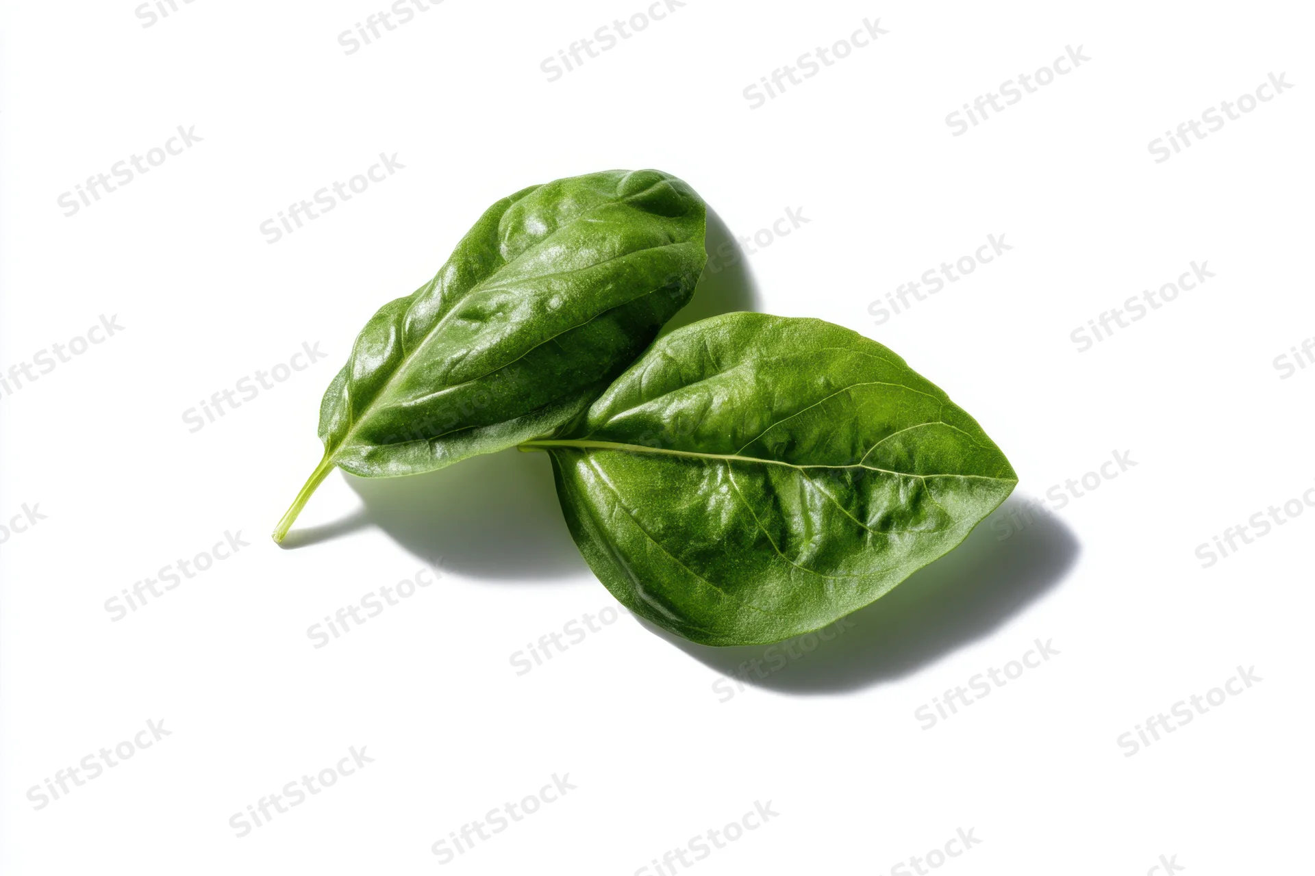 Two fresh basil leaves resting on a white surface