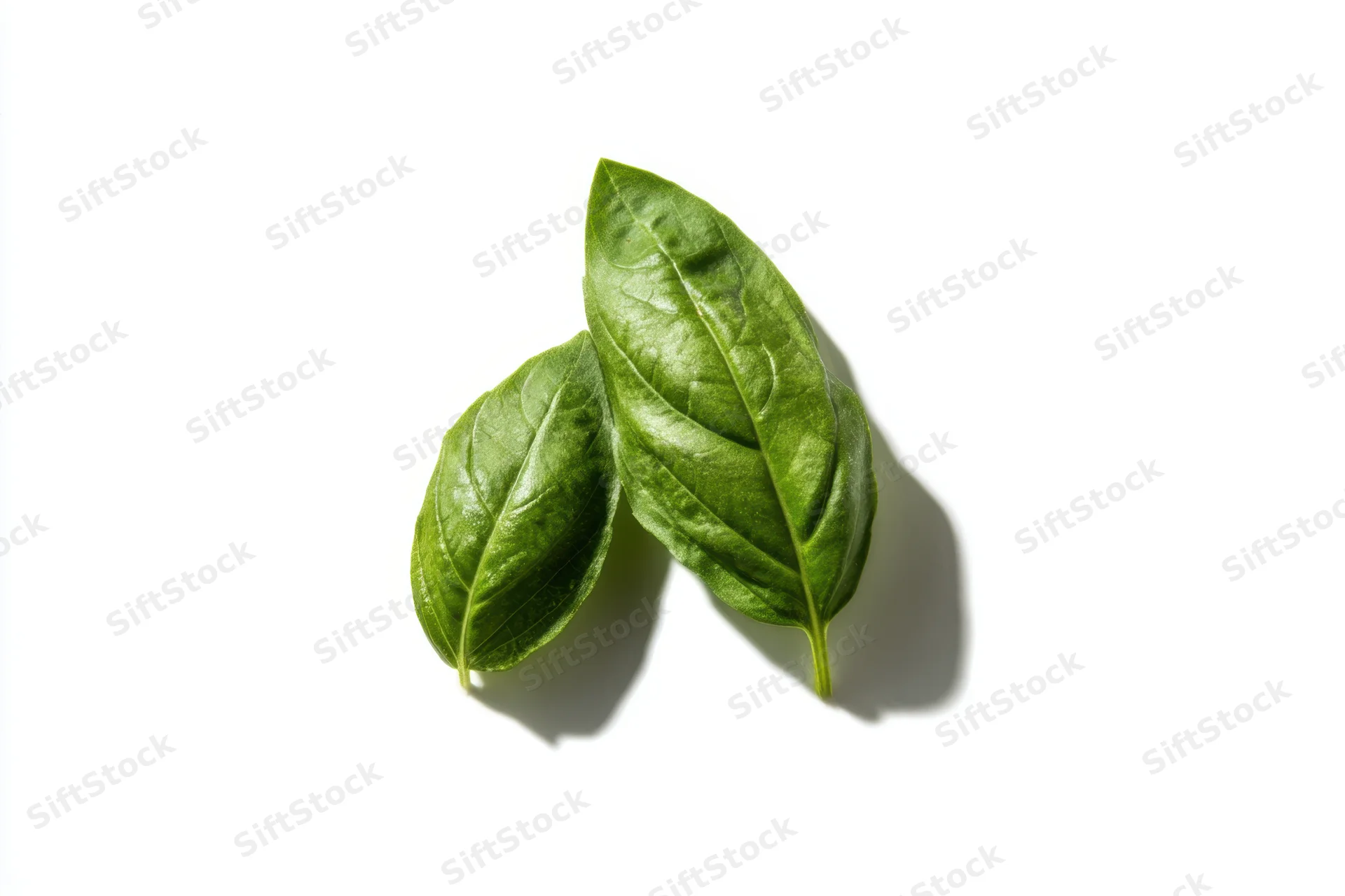 Two fresh basil leaves arranged on a white surface