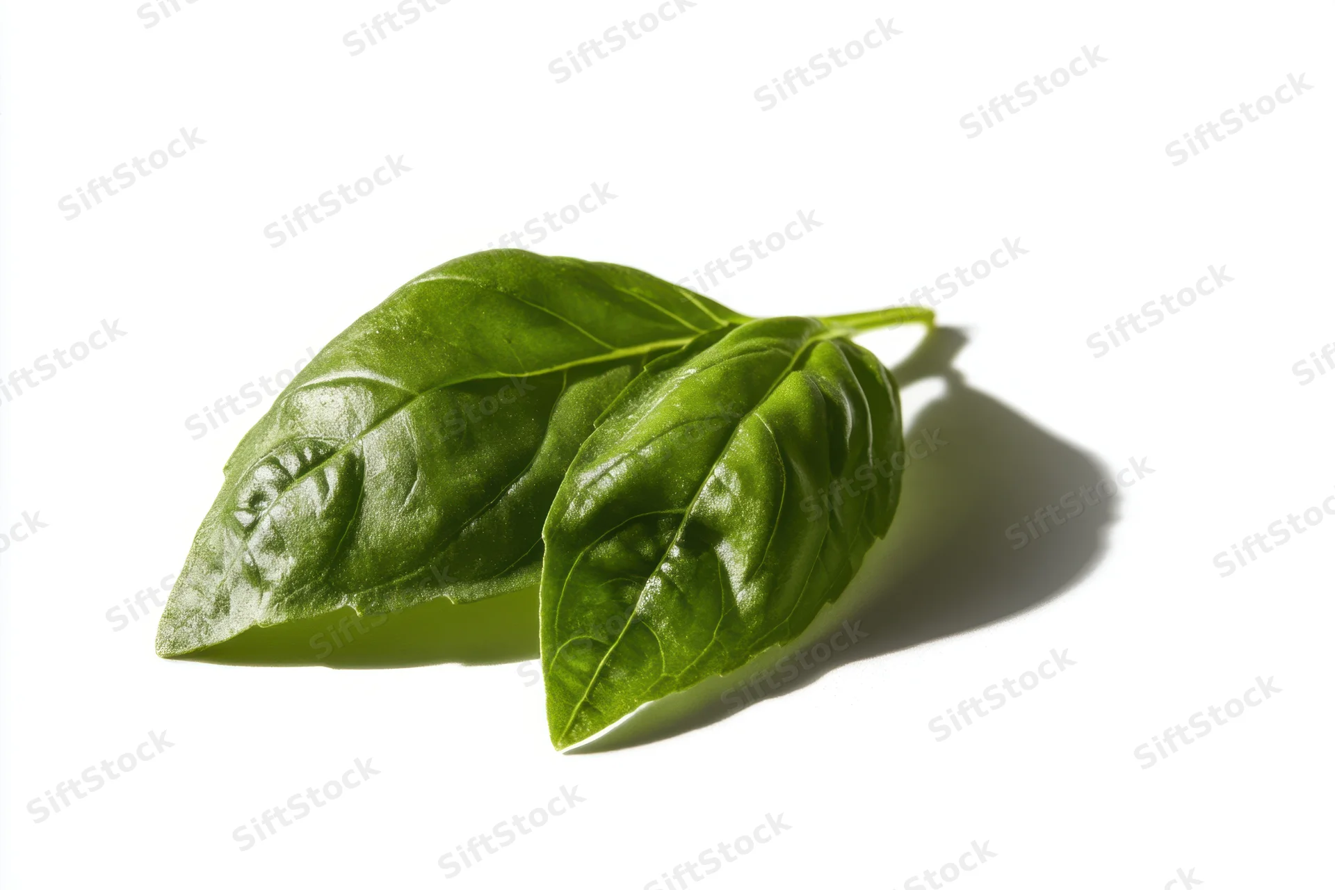Two fresh basil leaves resting on a white surface
