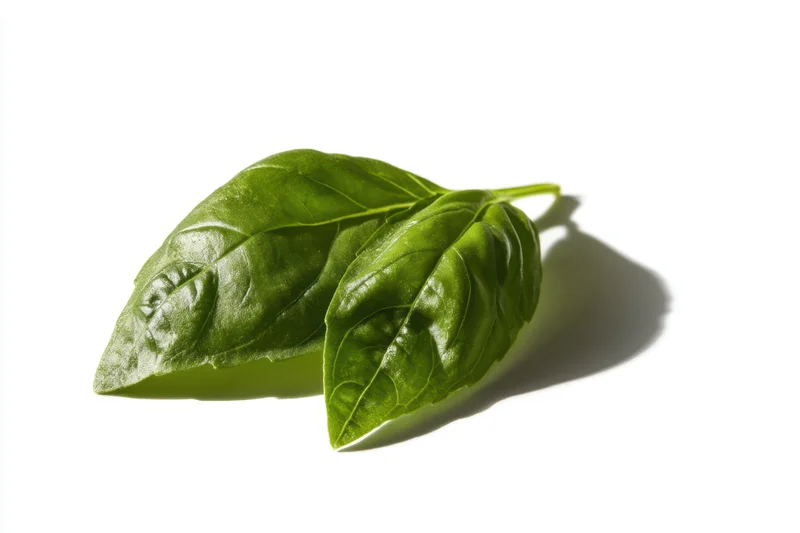 Two fresh basil leaves resting on a white surface