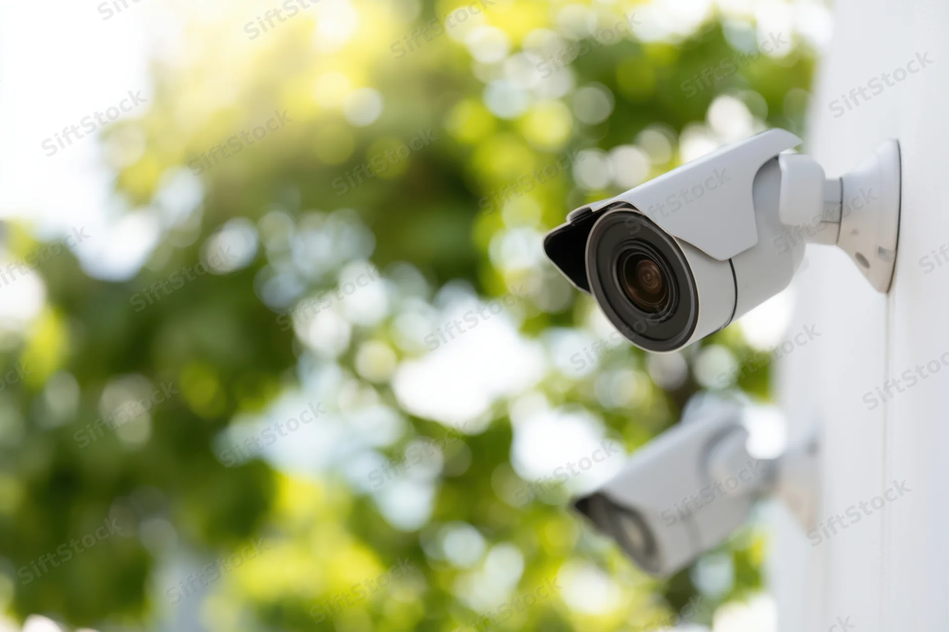 Two modern security cameras mounted on a white wall outdoors with green foliage in the background