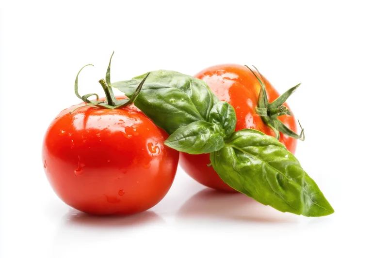 Two ripe red tomatoes with fresh green basil leaves on white background