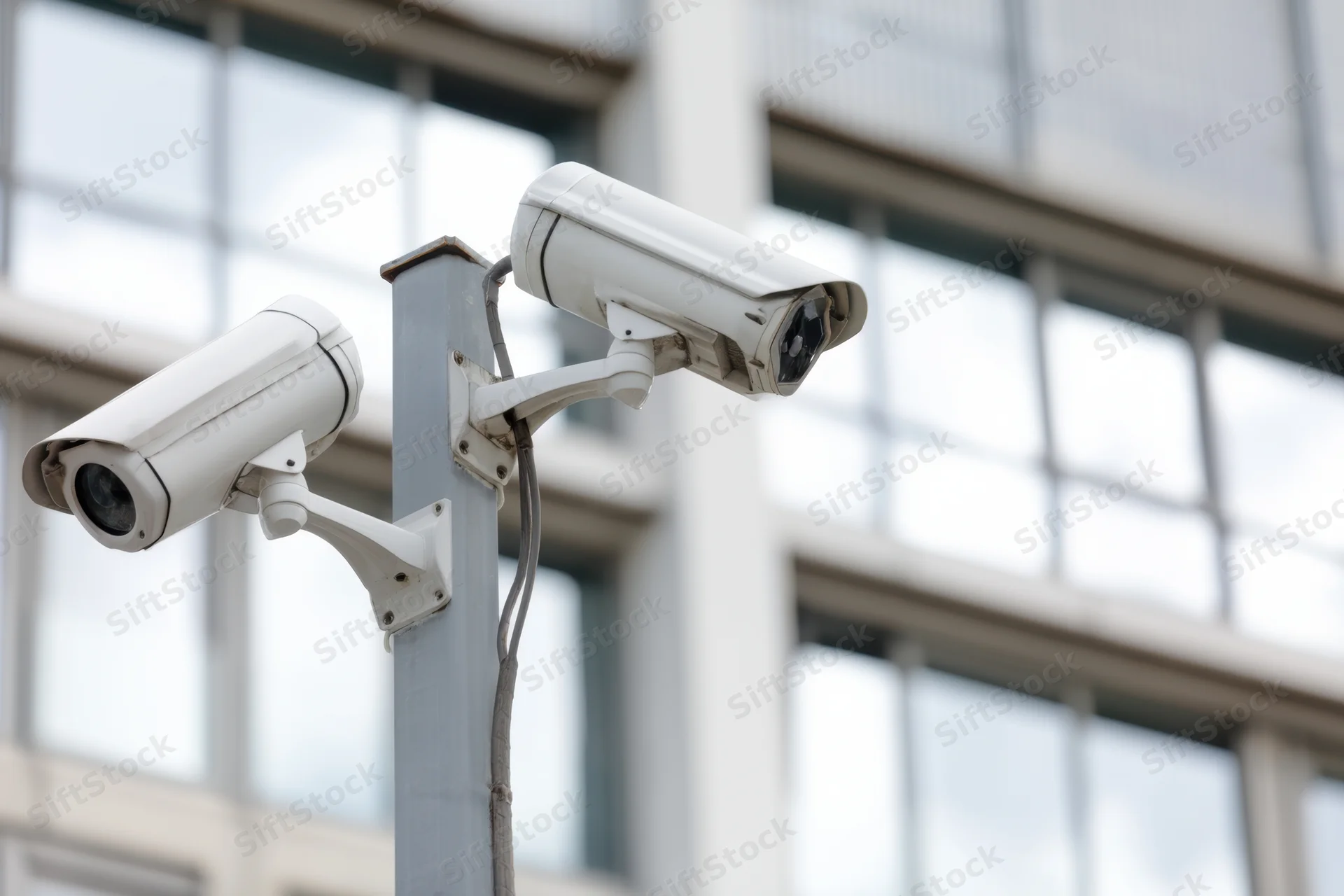 Two security cameras mounted on a pole in front of a modern glass building