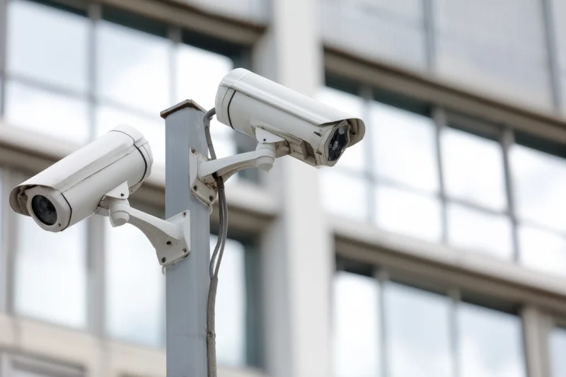 Two security cameras mounted on a pole in front of a modern glass building