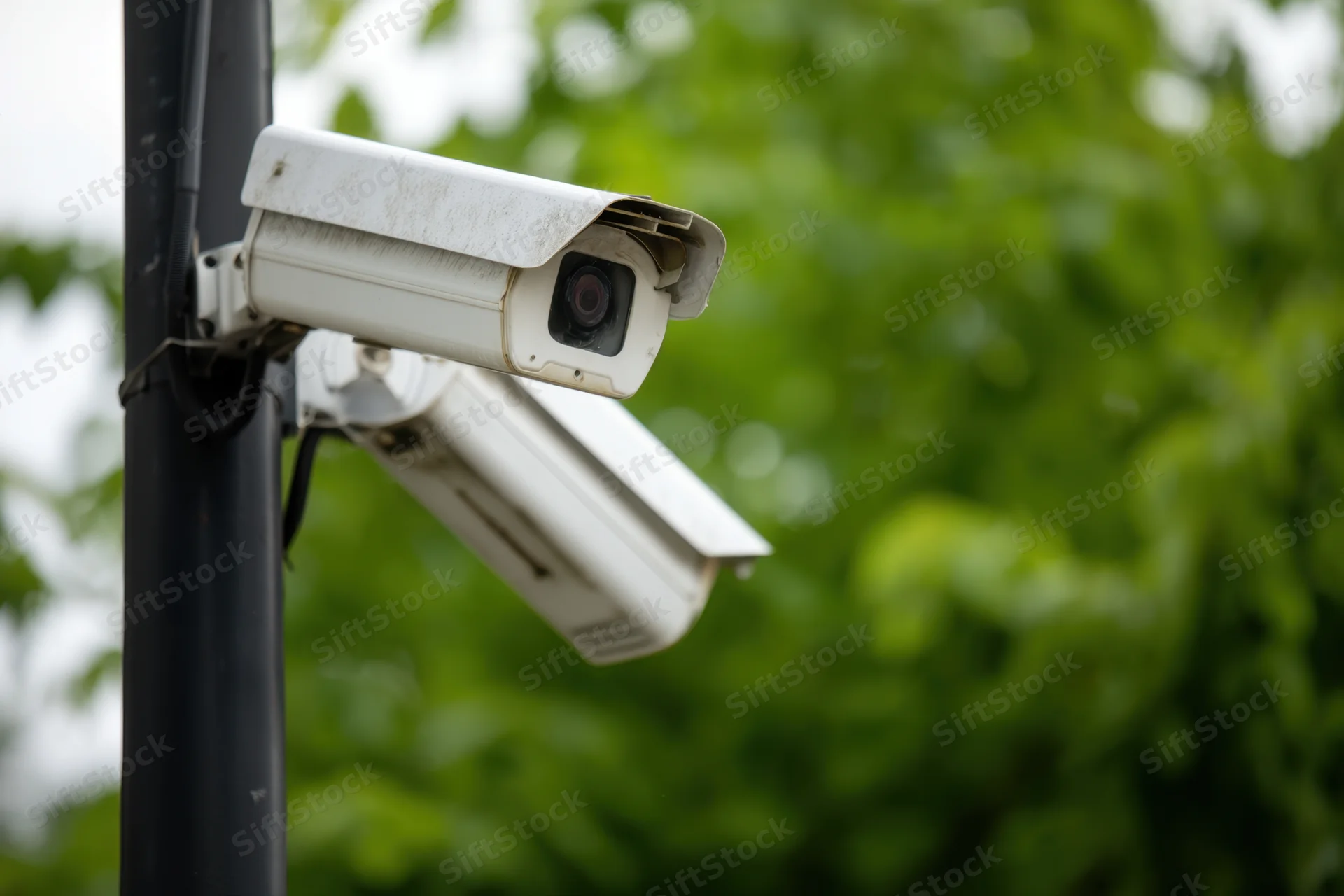 Two surveillance cameras mounted on a black pole with green foliage in the background
