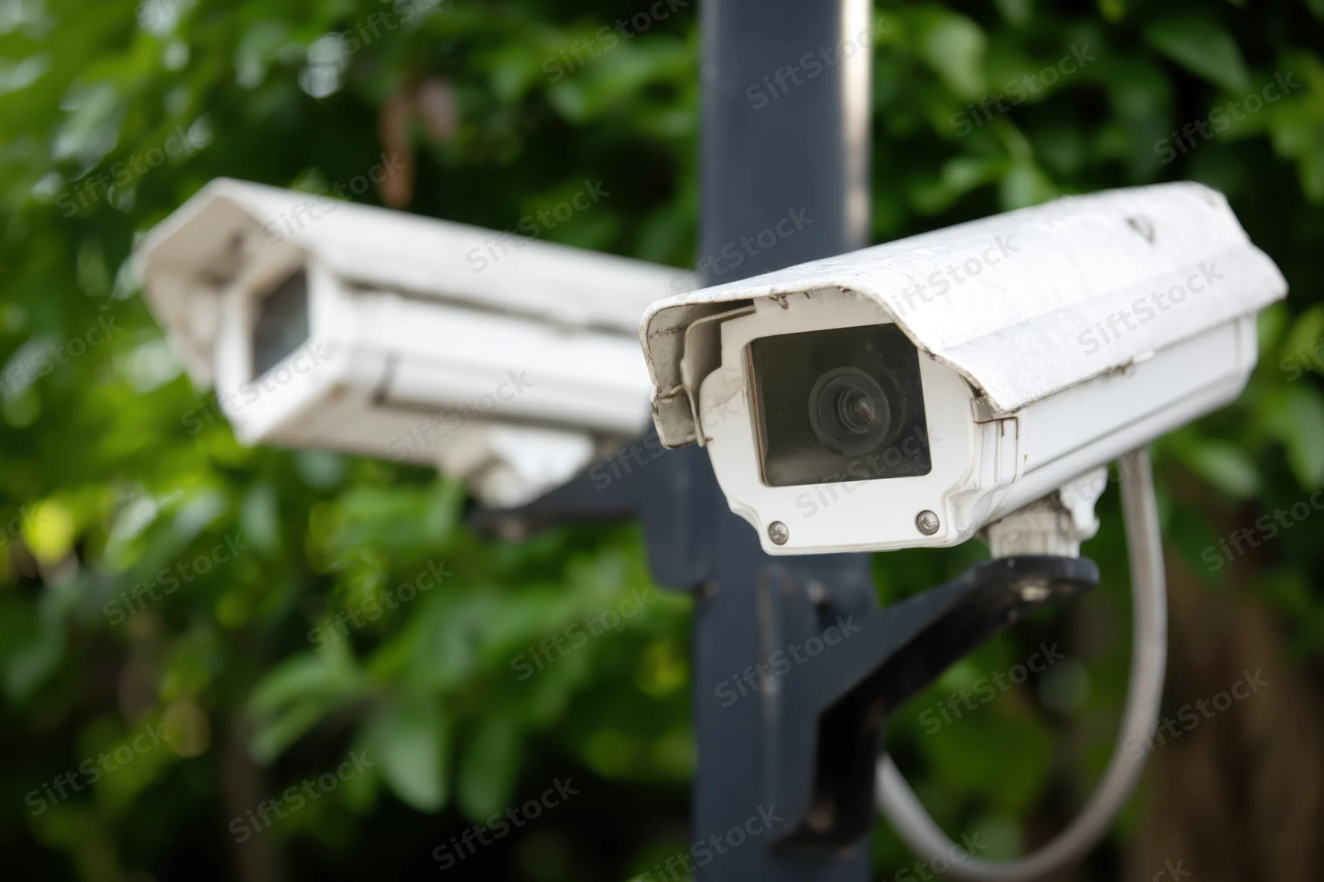Two white surveillance cameras mounted on a black pole with green foliage in the background