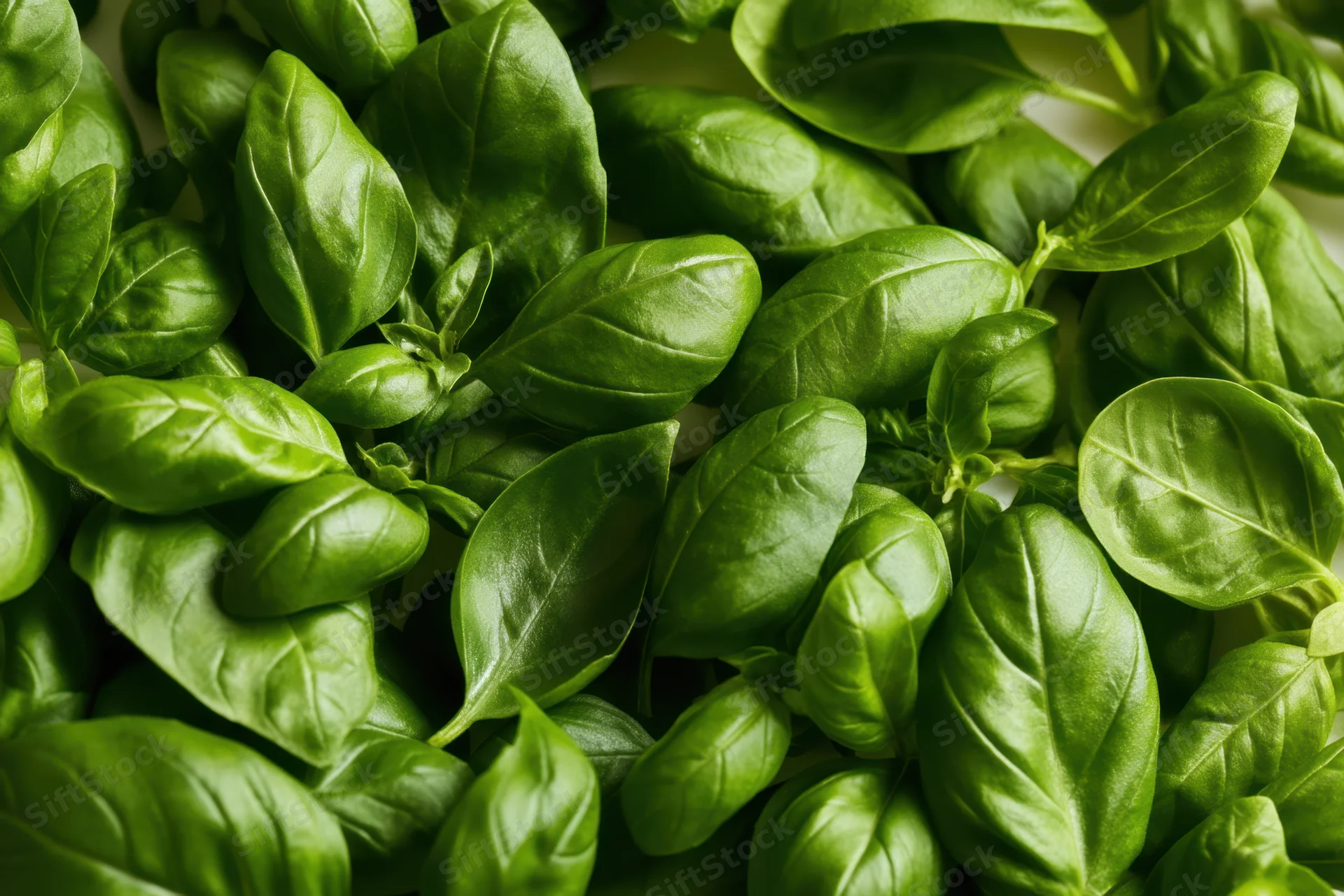 Basil leaves filling the frame in a close-up view showcasing their glossy green texture and natural arrangement