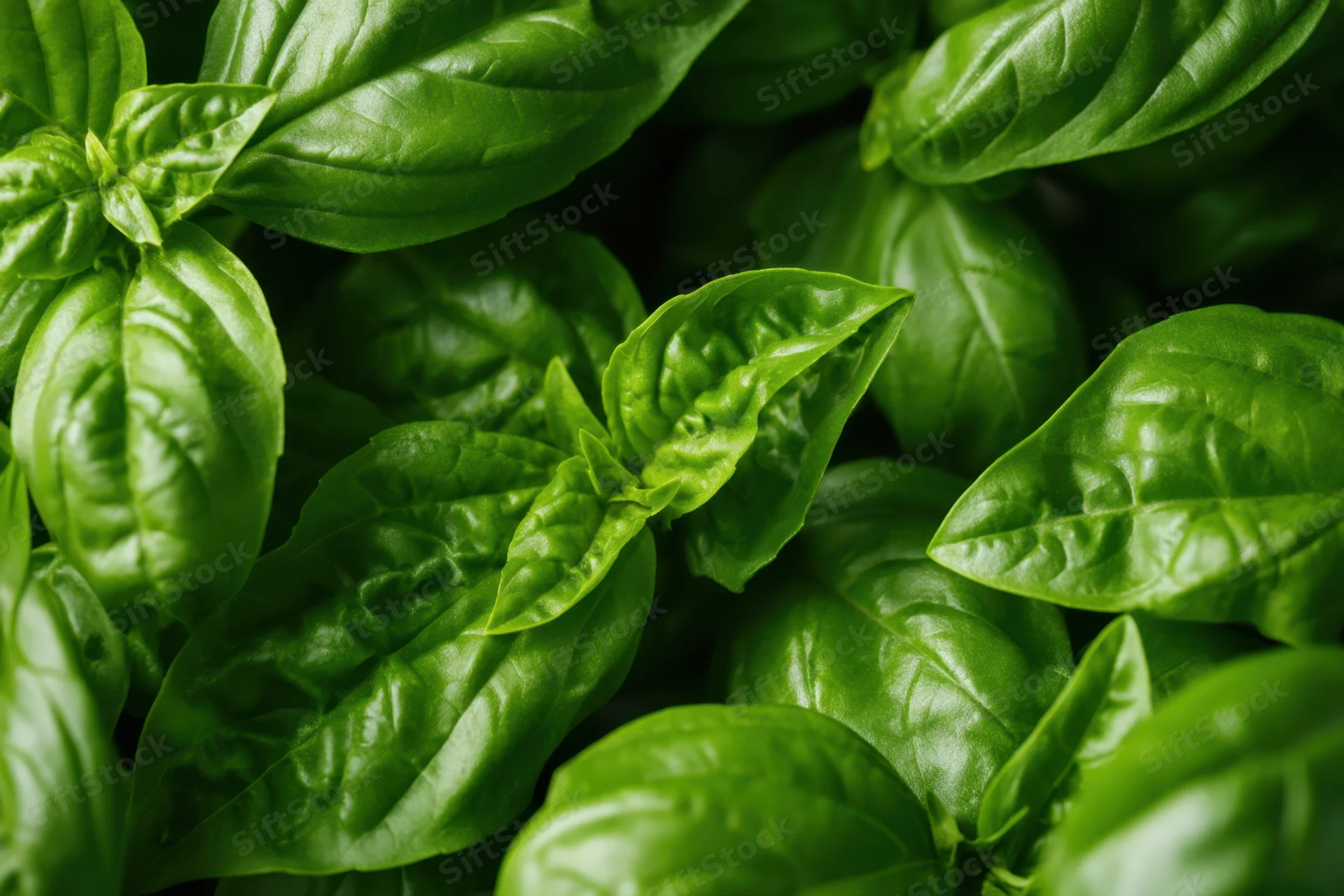 Closeup of vibrant green basil leaves with lush foliage filling the frame