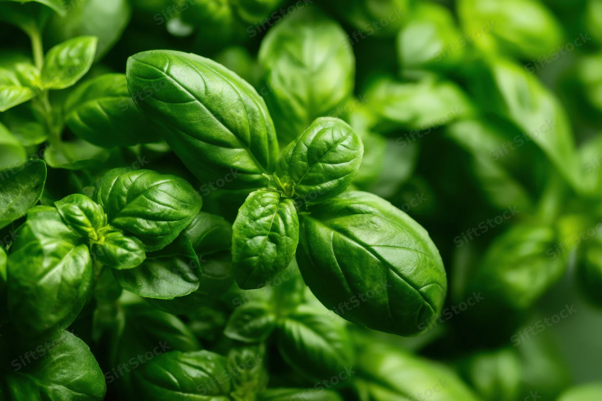 Closeup of fresh green basil leaves in dense foliage arrangement