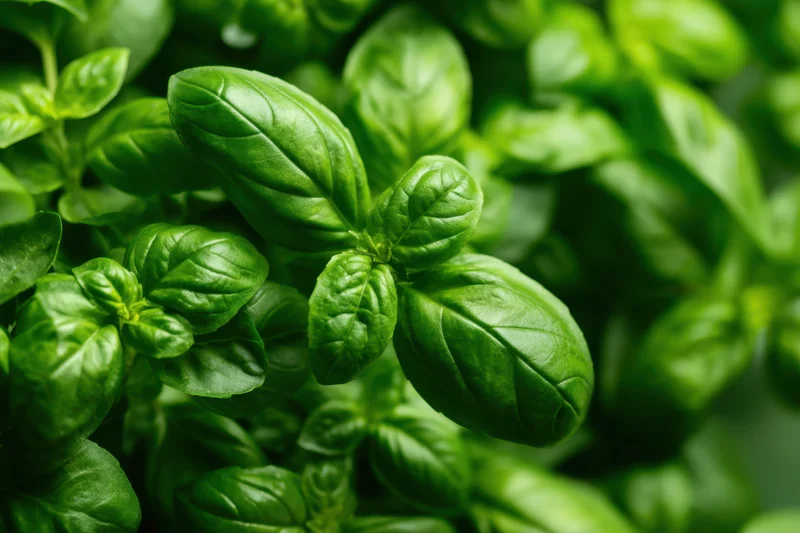 Closeup of fresh green basil leaves in dense foliage arrangement
