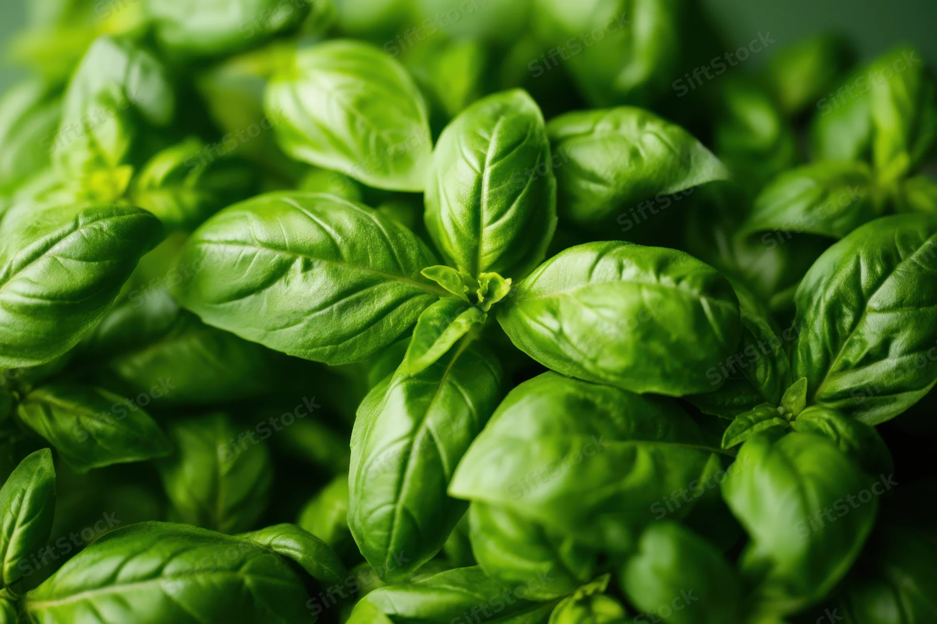 Closeup of fresh basil leaves in a lush cluster showing vibrant green foliage and detailed leaf texture