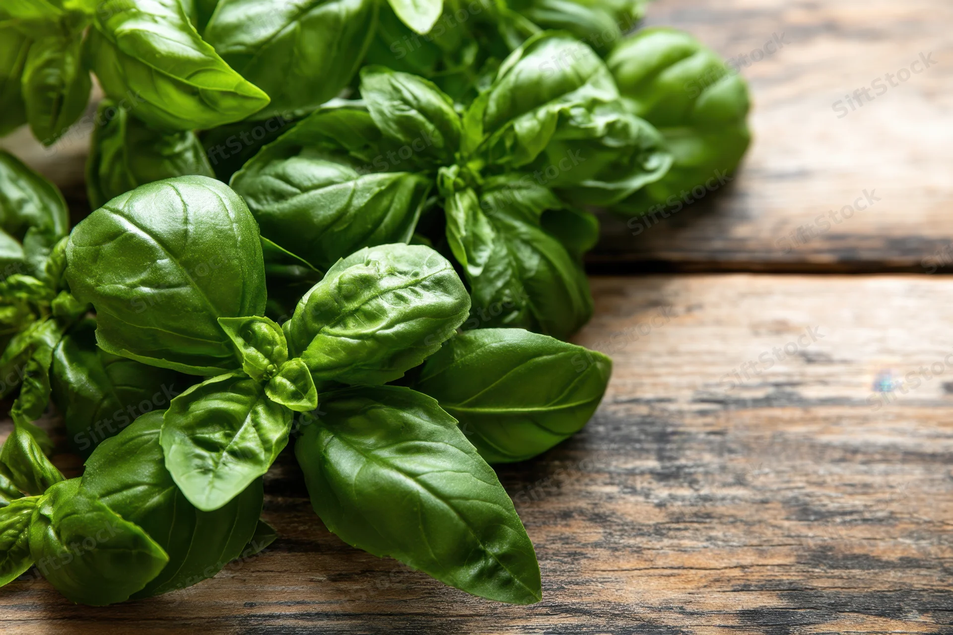 Fresh basil leaves arranged on a wooden surface with copyspace