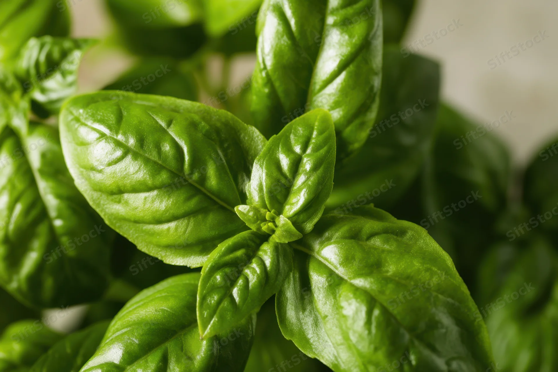 Closeup of fresh basil leaves showing their glossy texture and vibrant green color