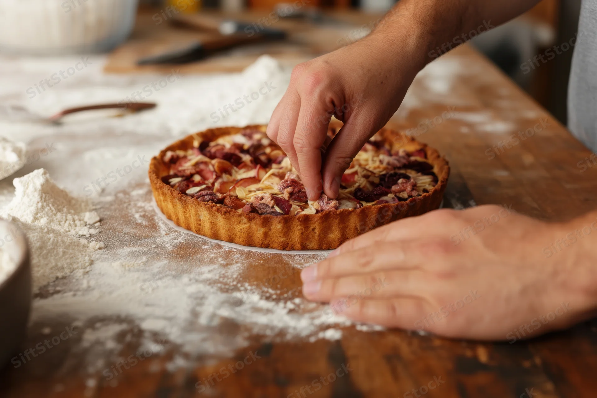 Baker’s hands decorating a fruit and nut tart on a floured wooden countertop