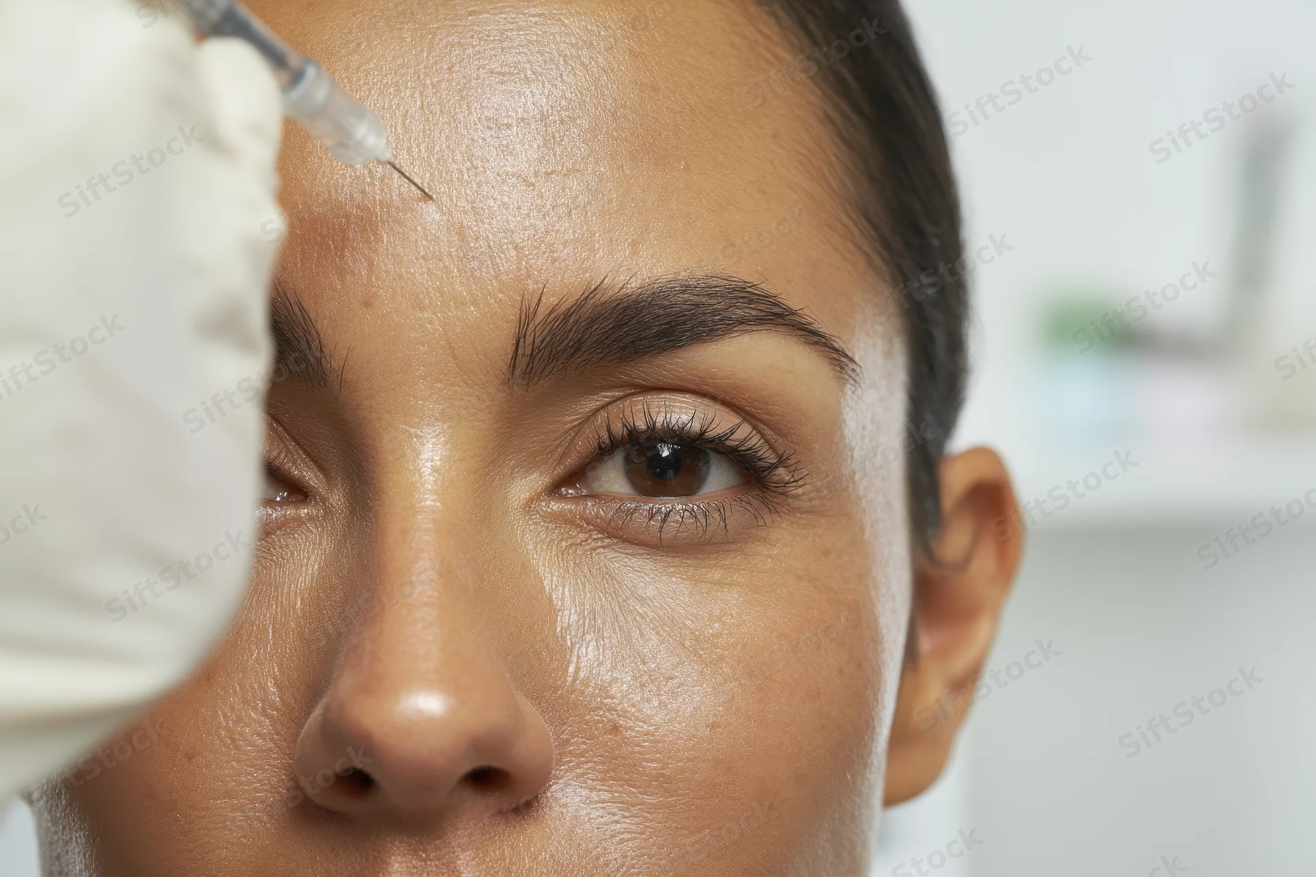 Woman receiving cosmetic injection on forehead in clinic setting