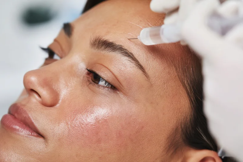 Woman receiving botox injection on forehead in medical clinic
