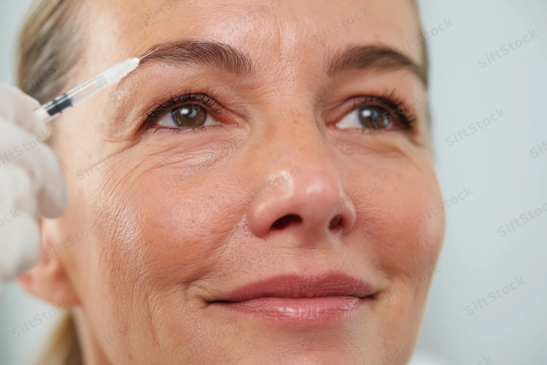 Woman receiving botox injection in eyebrow area during cosmetic procedure