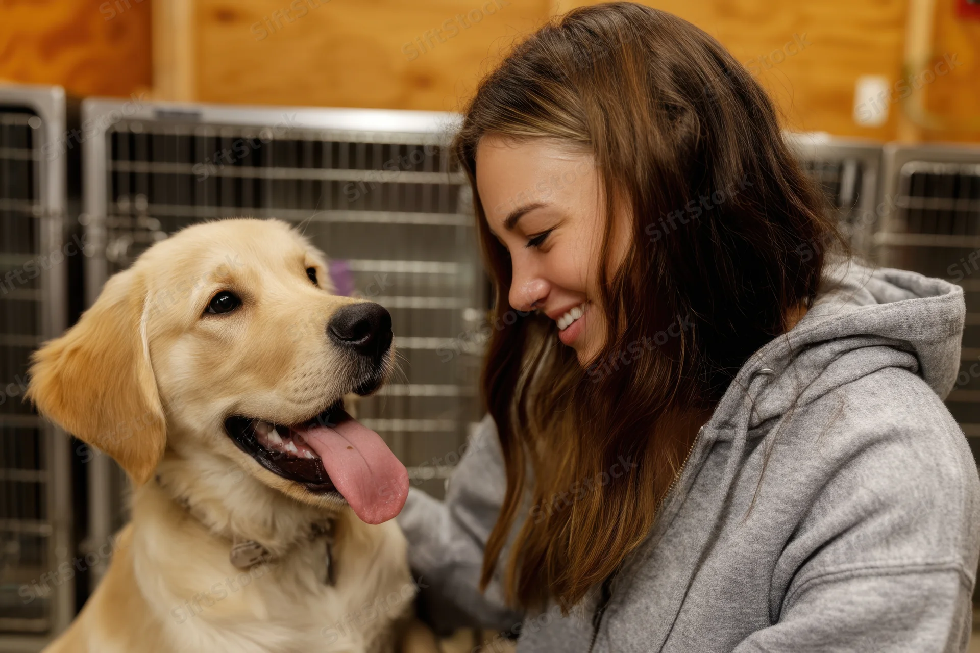 Young woman smiling at golden retriever in animal shelter kennel