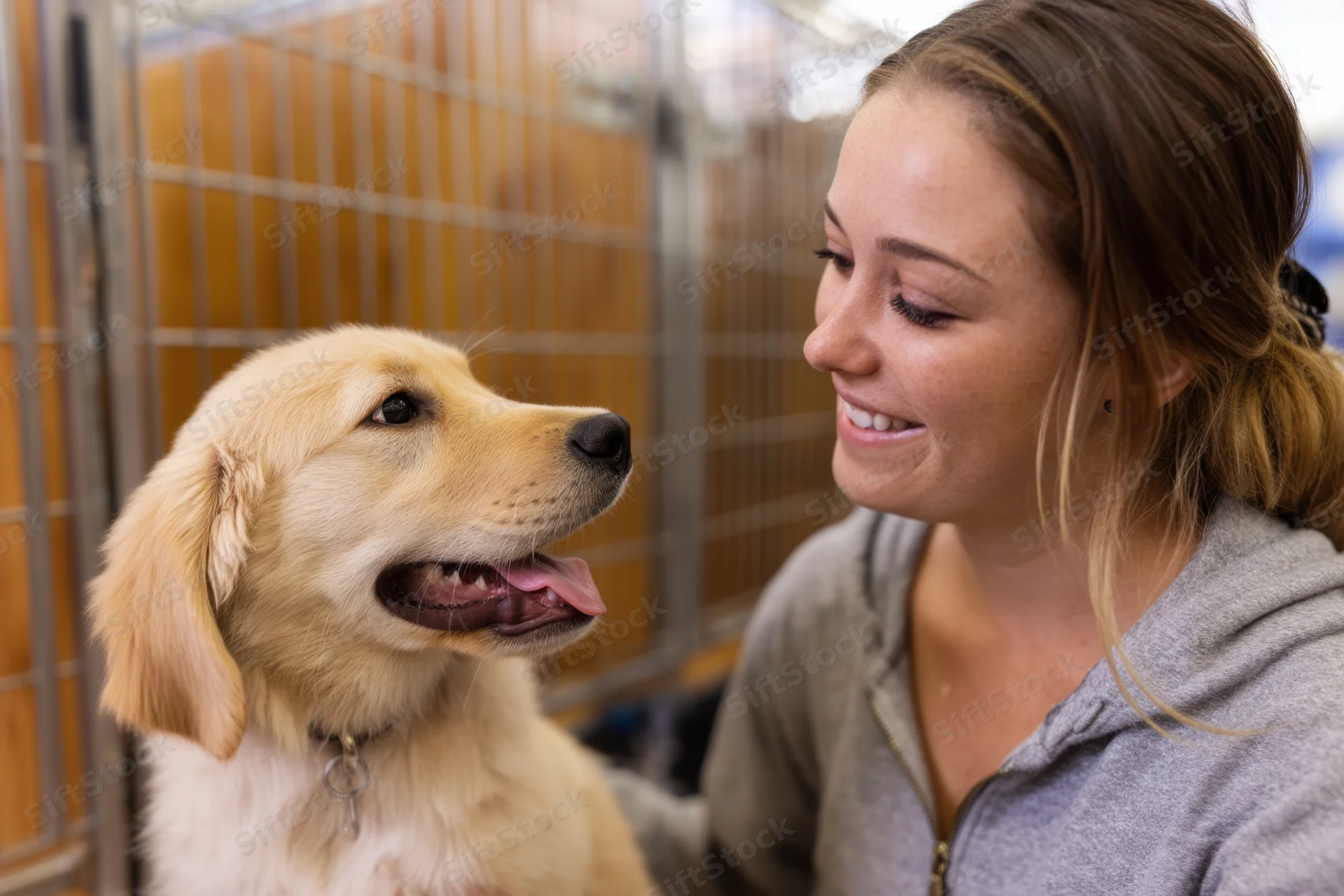 Young woman smiling at golden retriever puppy in animal shelter kennel