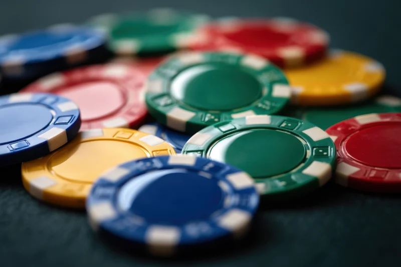 Poker chips scattered on a green felt surface in closeup with shallow depth of focus