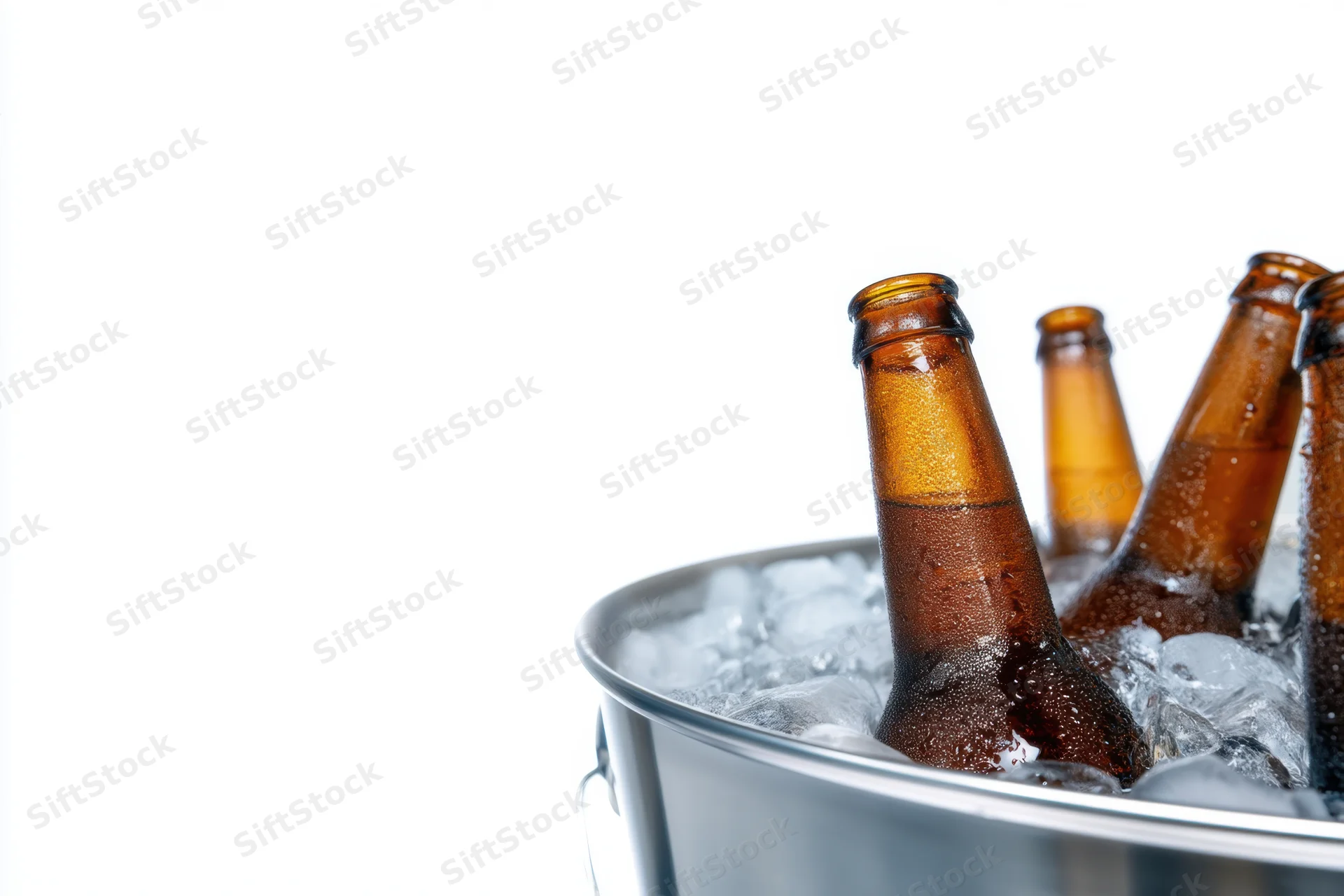 Amber beer bottles chilled in ice inside a metal bucket