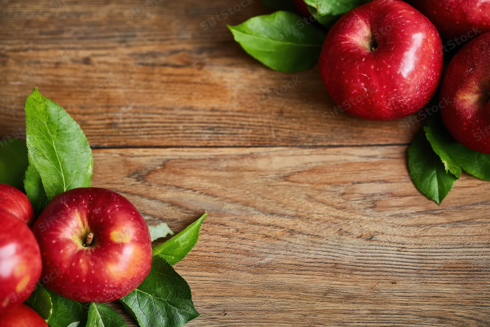 Red apples with green leaves arranged on a wooden table in a border layout with copyspace