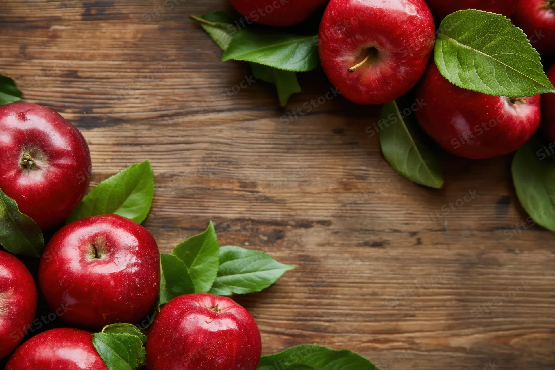 Red apples arranged with green leaves on a wooden surface forming a border with copyspace in the center