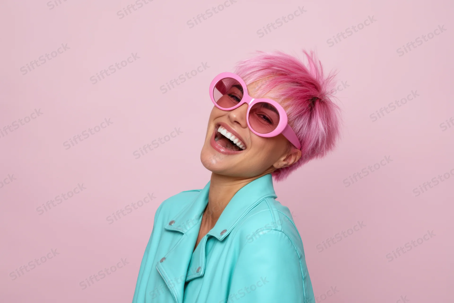 Woman with pink hair and sunglasses laughing in a studio setting wearing a turquoise jacket
