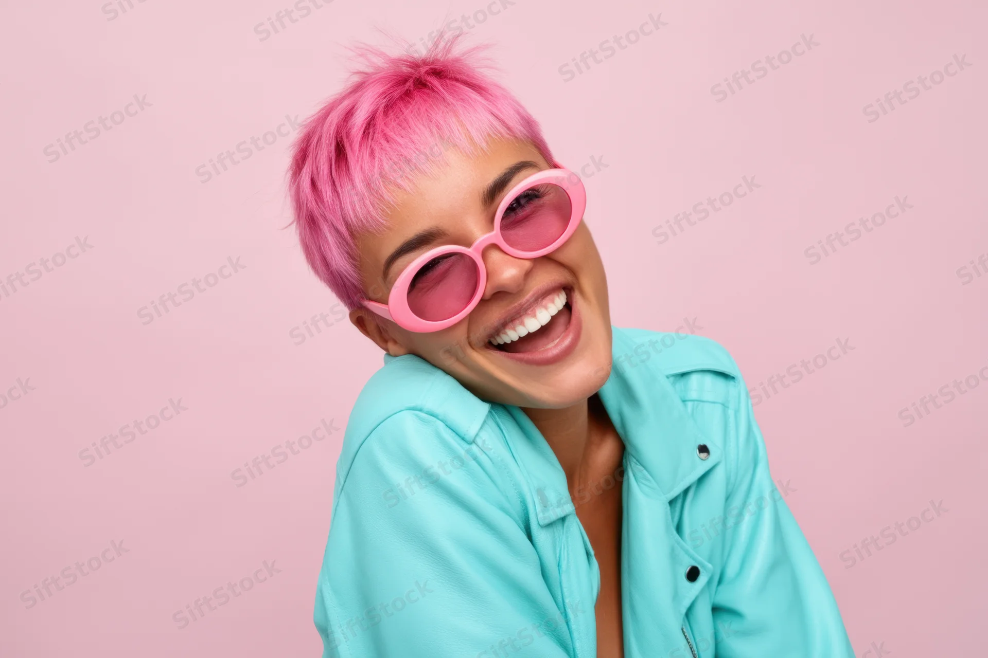 Woman with pink hair and sunglasses laughing in a turquoise jacket against a pink background