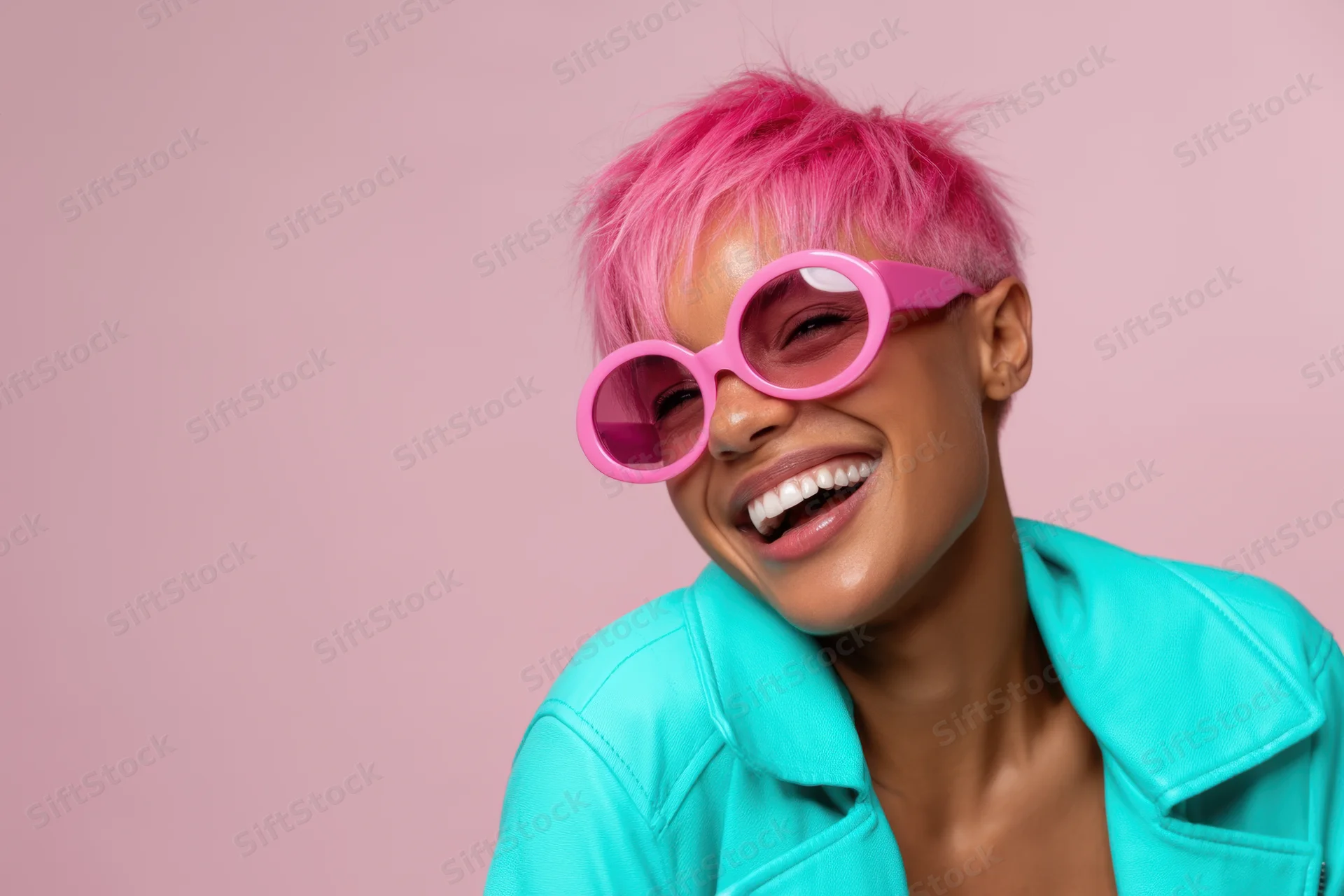 Woman with vibrant pink hair and pink sunglasses smiling in a turquoise jacket against a pink background