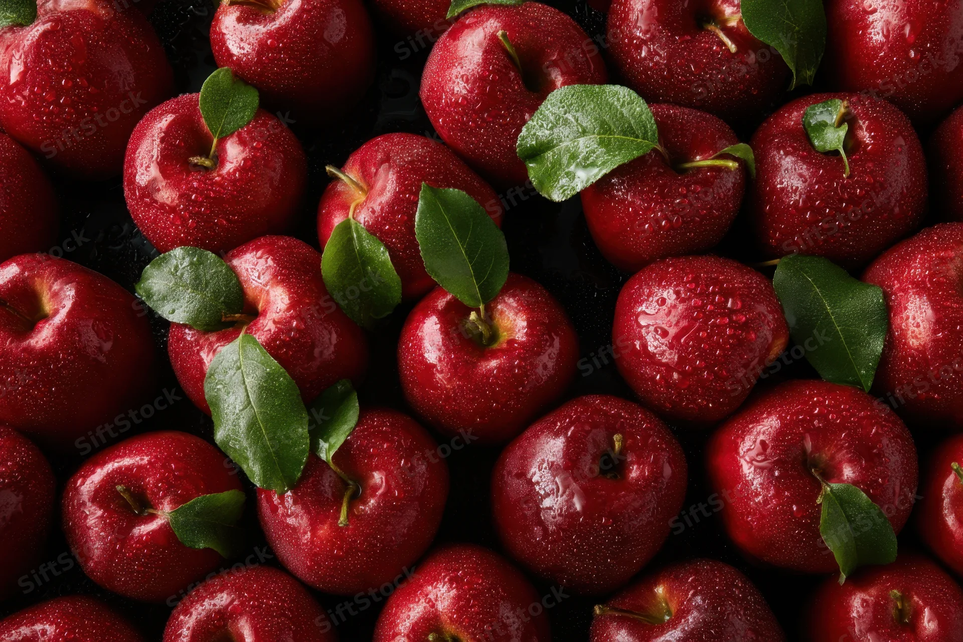 Bright red apples with glistening water droplets and green leaves arranged in a dense top-down view