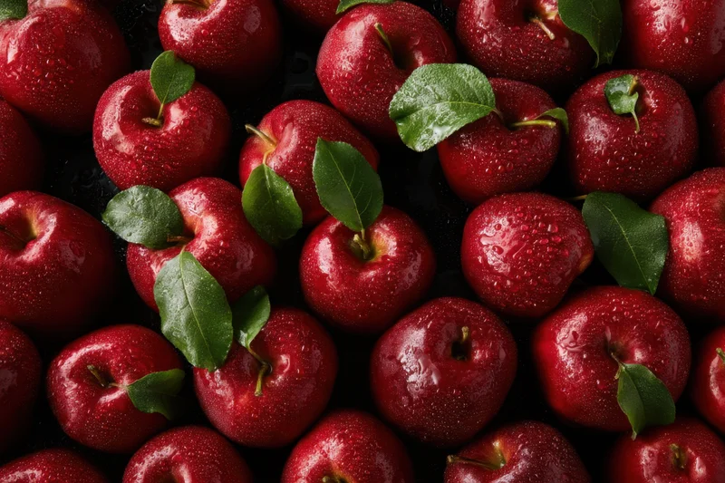 Bright red apples with glistening water droplets and green leaves arranged in a dense top-down view