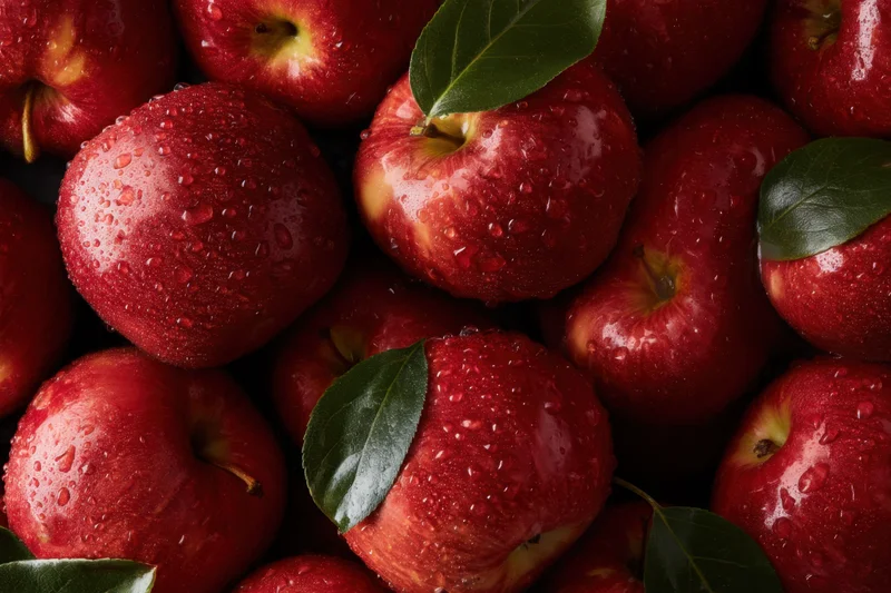 Bright red apples with glistening water droplets and green leaves piled together in a close-up view