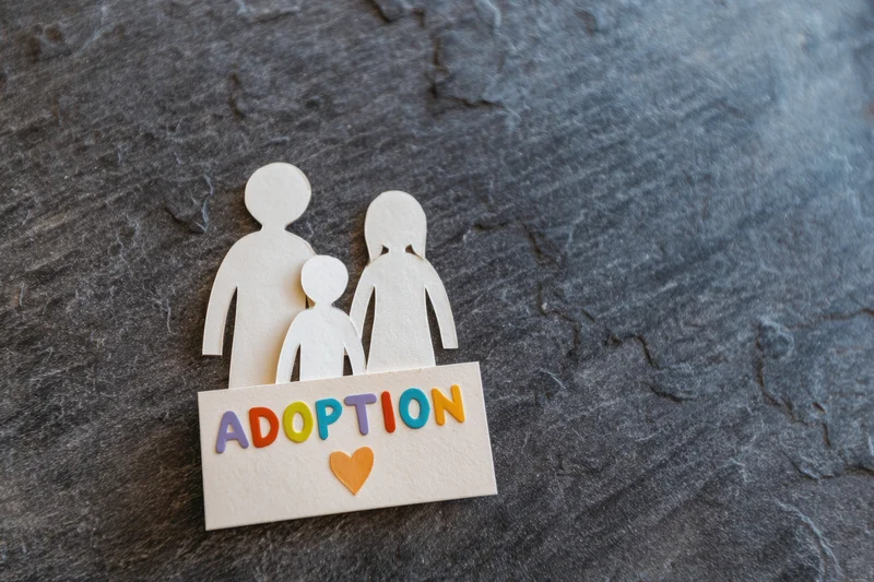 Paper cutout family figures holding a sign with the word adoption and a heart on a stone surface