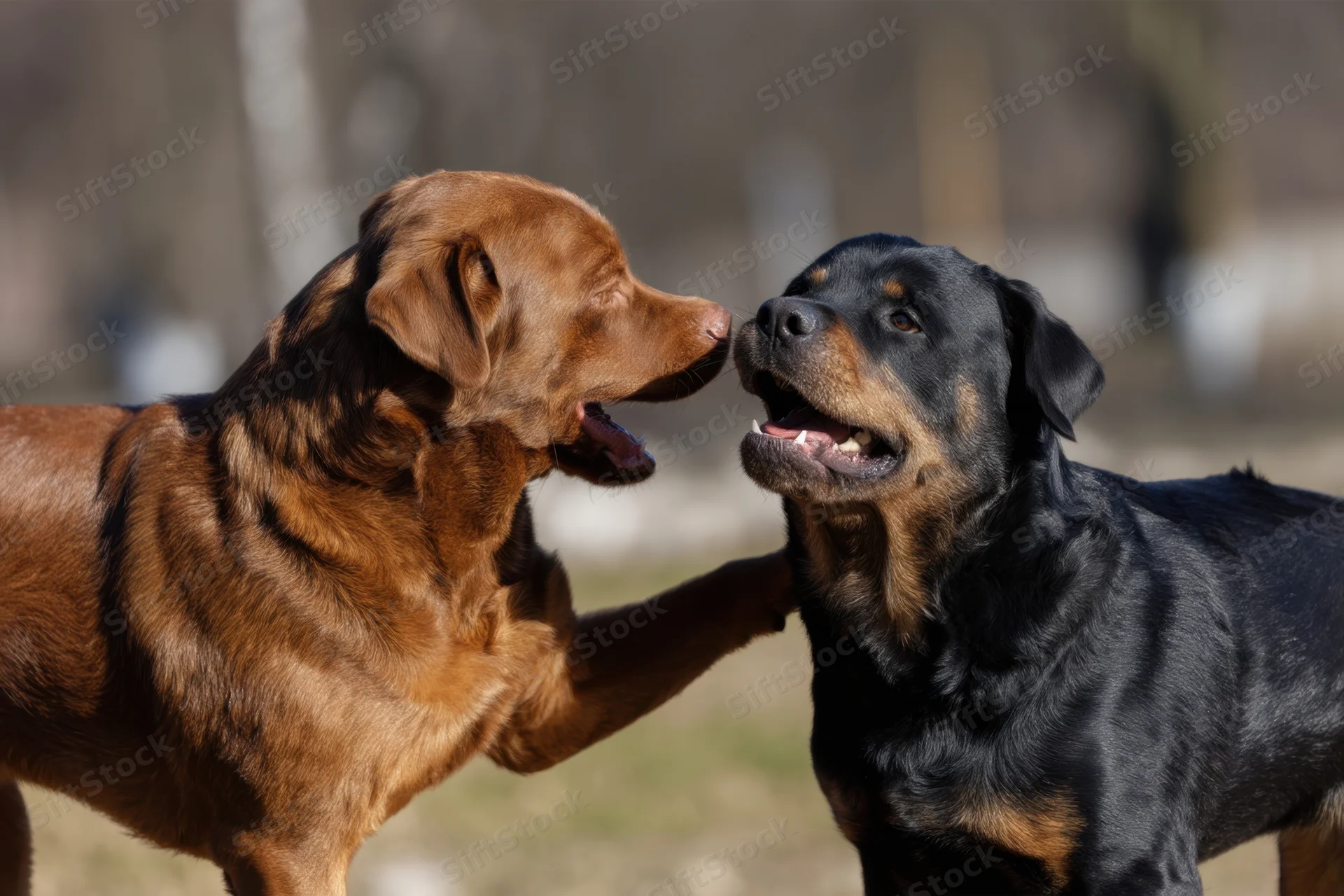 Two rottweilers playfully interacting in a grassy outdoor field