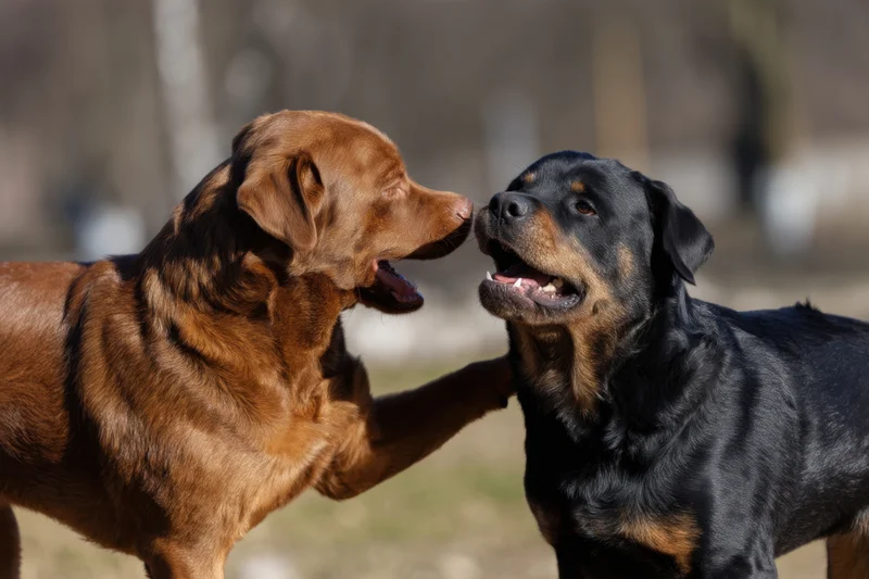 Two rottweilers playfully interacting in a grassy outdoor field