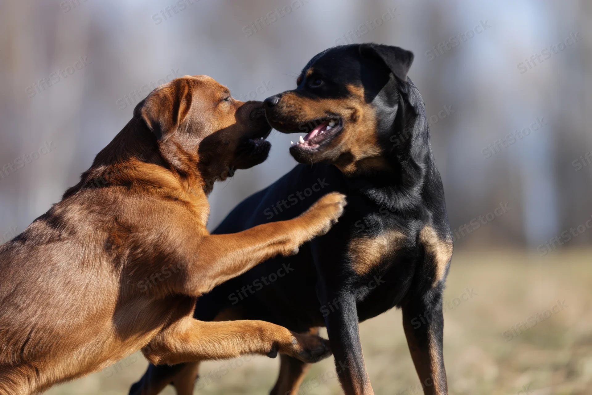 Two rottweilers playing outdoors on grassy field