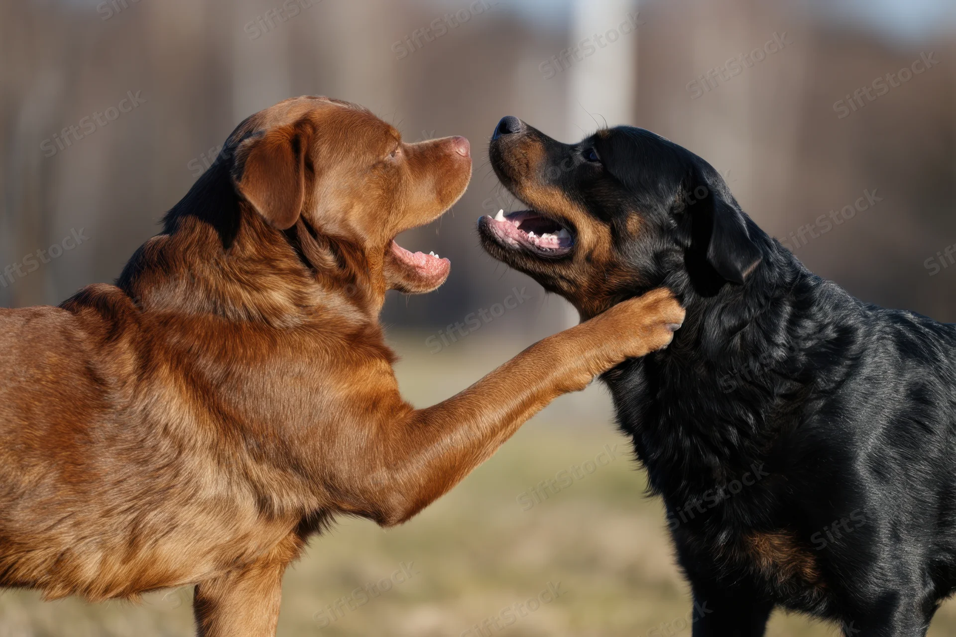 Two rottweilers playfully interacting outdoors in a grassy field