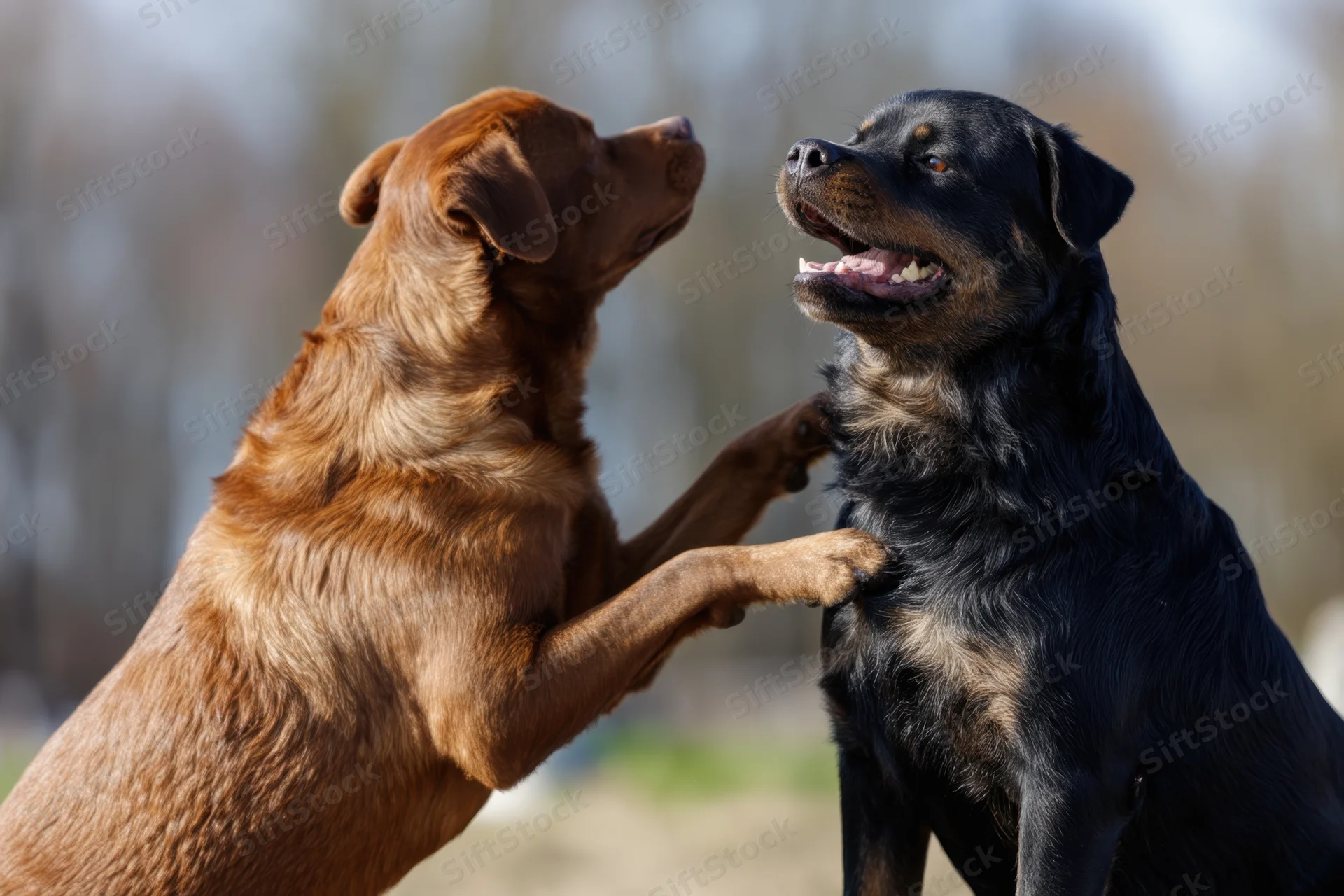 Two dogs playing together outdoors with paws touching in a grassy field