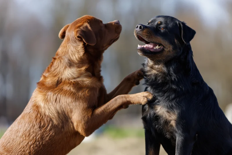 Two dogs playing together outdoors with paws touching in a grassy field
