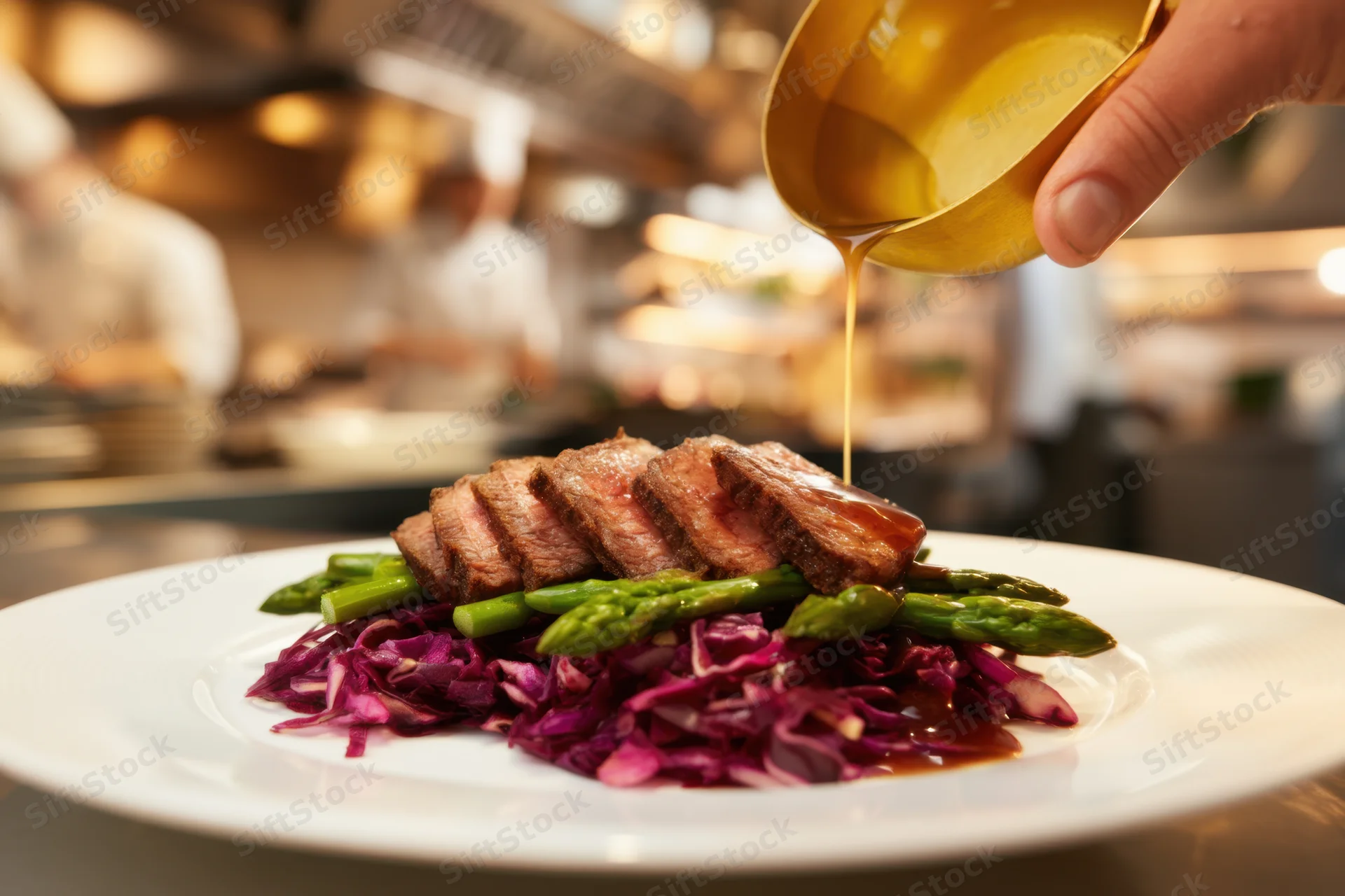 Chef drizzling sauce over sliced steak with asparagus and red cabbage on a white plate in a restaurant kitchen
