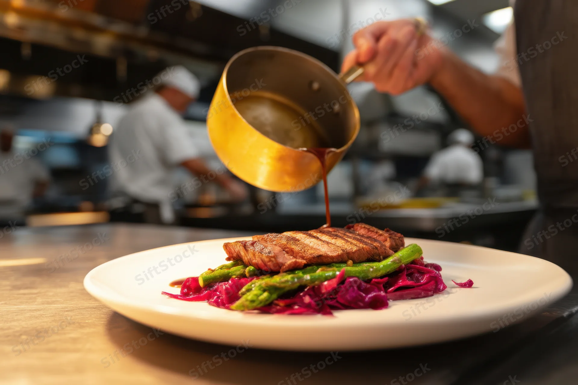 Chef pouring sauce over grilled steak with asparagus and red cabbage on a white plate in a professional kitchen