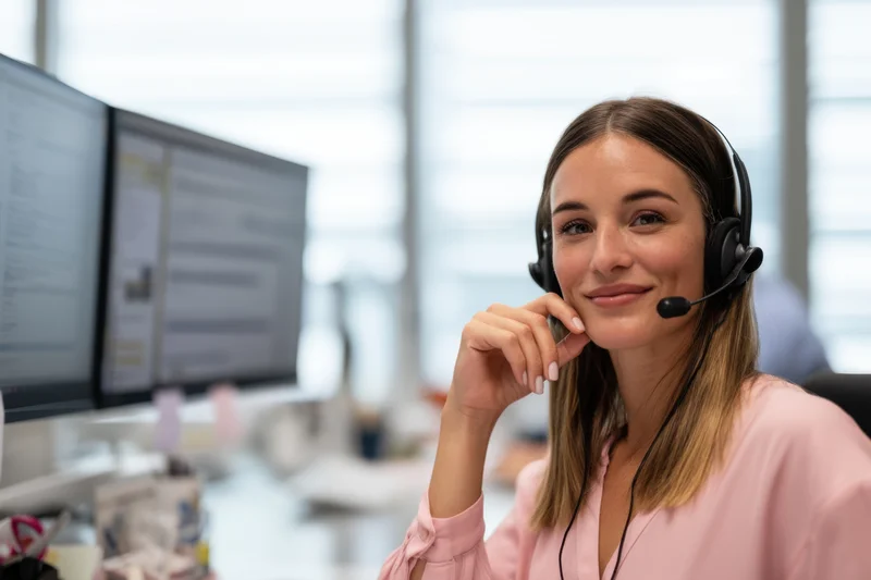 Woman in call center wearing headset smiling at camera at office desk with dual monitors