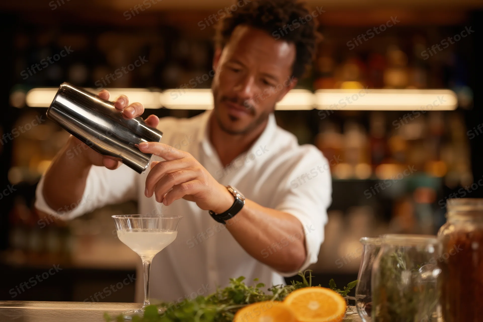 Bartender pouring a cocktail from a shaker into a glass at a bar counter