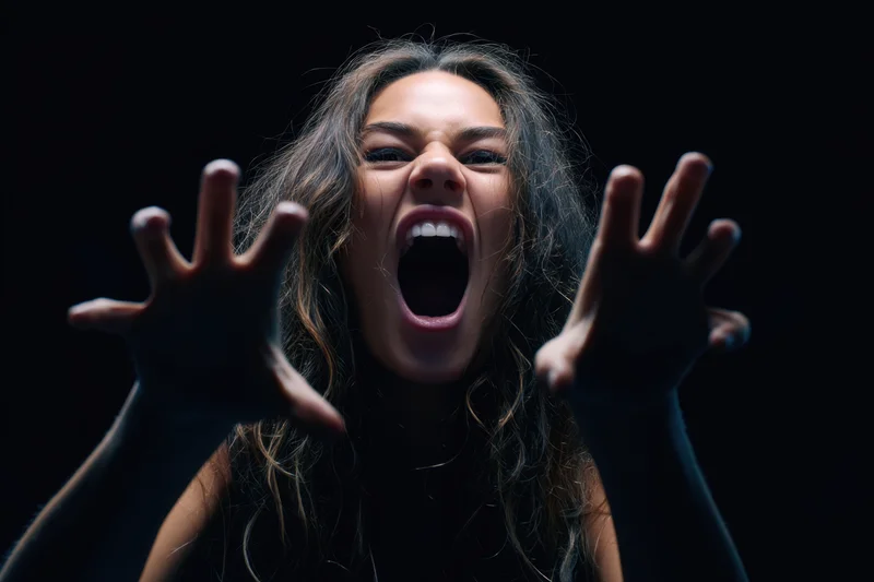 Woman screaming with hands raised in dark studio portrait