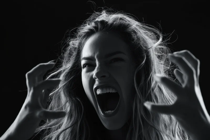 Woman screaming with hands raised and messy hair in a dark studio portrait