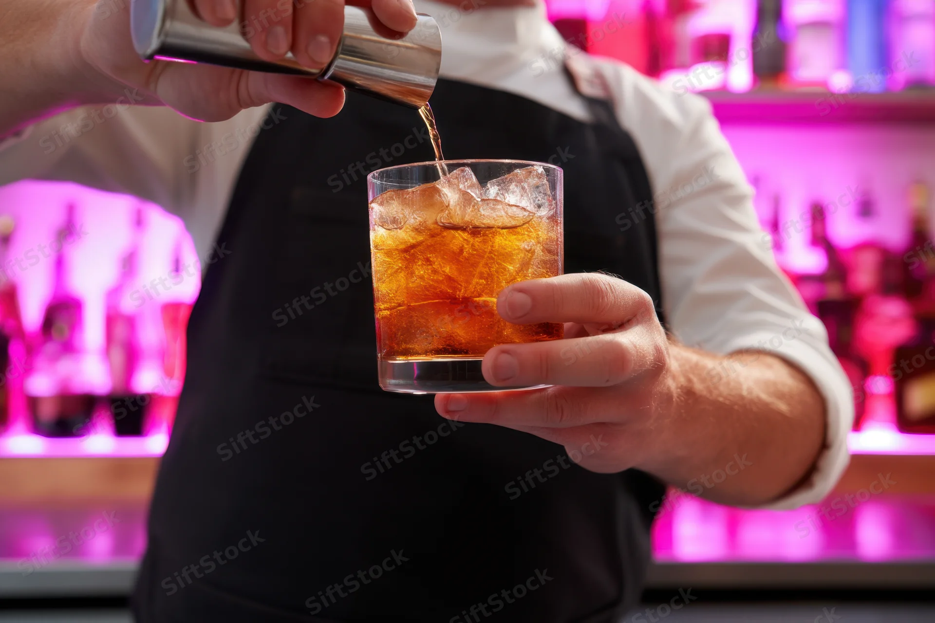Bartender pouring amber cocktail into glass with ice at bar